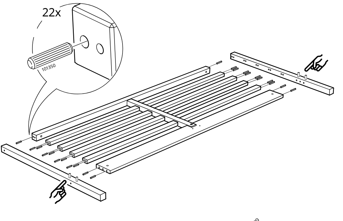 Diagram for step 7: The side rails and slats are aligned and dowels are inserted into the rail holes, with a zoom detail showing part 101350 used 22 times.