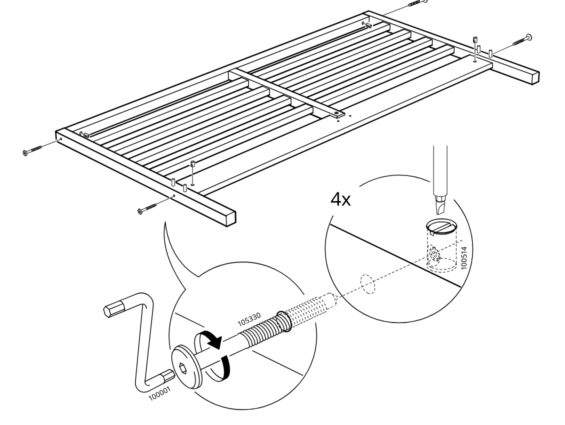 Diagram for step 8: Long connector bolts are tightened with the hex key while cam fittings are set and oriented, as shown in the two zoom callouts.