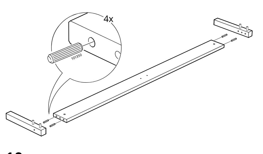 Diagram for step 9: The side rail is joined between two end blocks using four dowels, with a zoom callout showing dowel 101350 insertion.