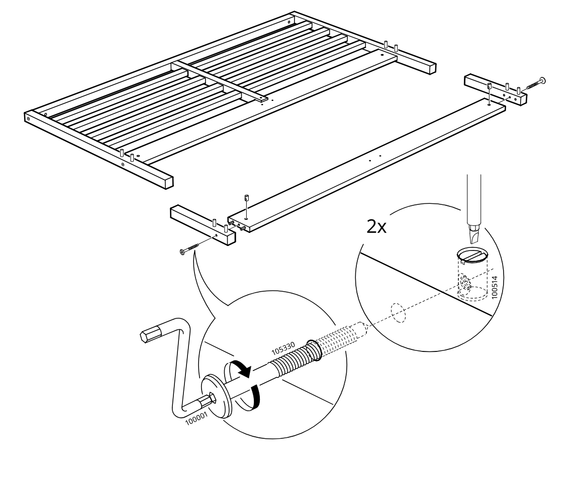 Diagram for step 10: The long side member is attached to the slatted frame and end blocks, then two cam fittings 100514 are inserted and tightened with connector 105330 using hex key 100001.