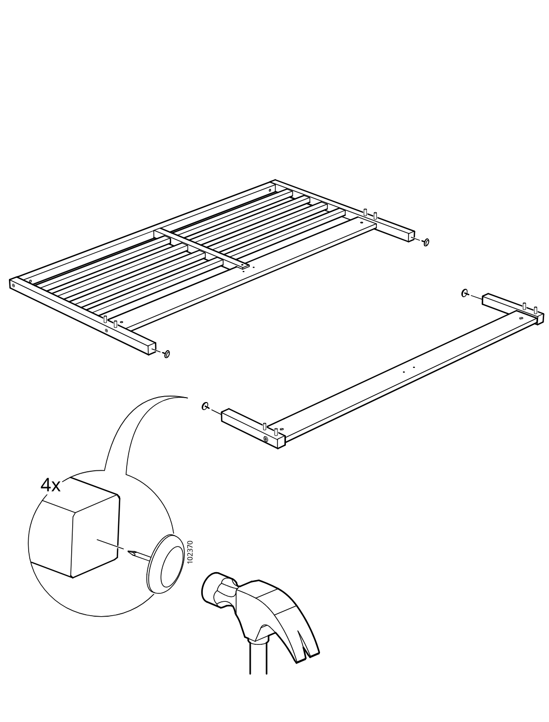 Diagram for step 11: The frame assembly is shown with side rail parts separated, and four felt pads (102370) are hammered onto the indicated rail ends.