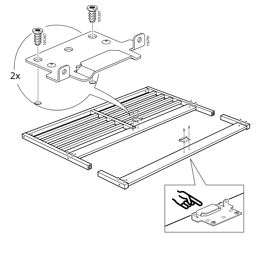 Diagram for step 12: Two screws fasten the metal bracket to the bed frame rail, with the bracket orientation confirmed by the finger-pointing inset.