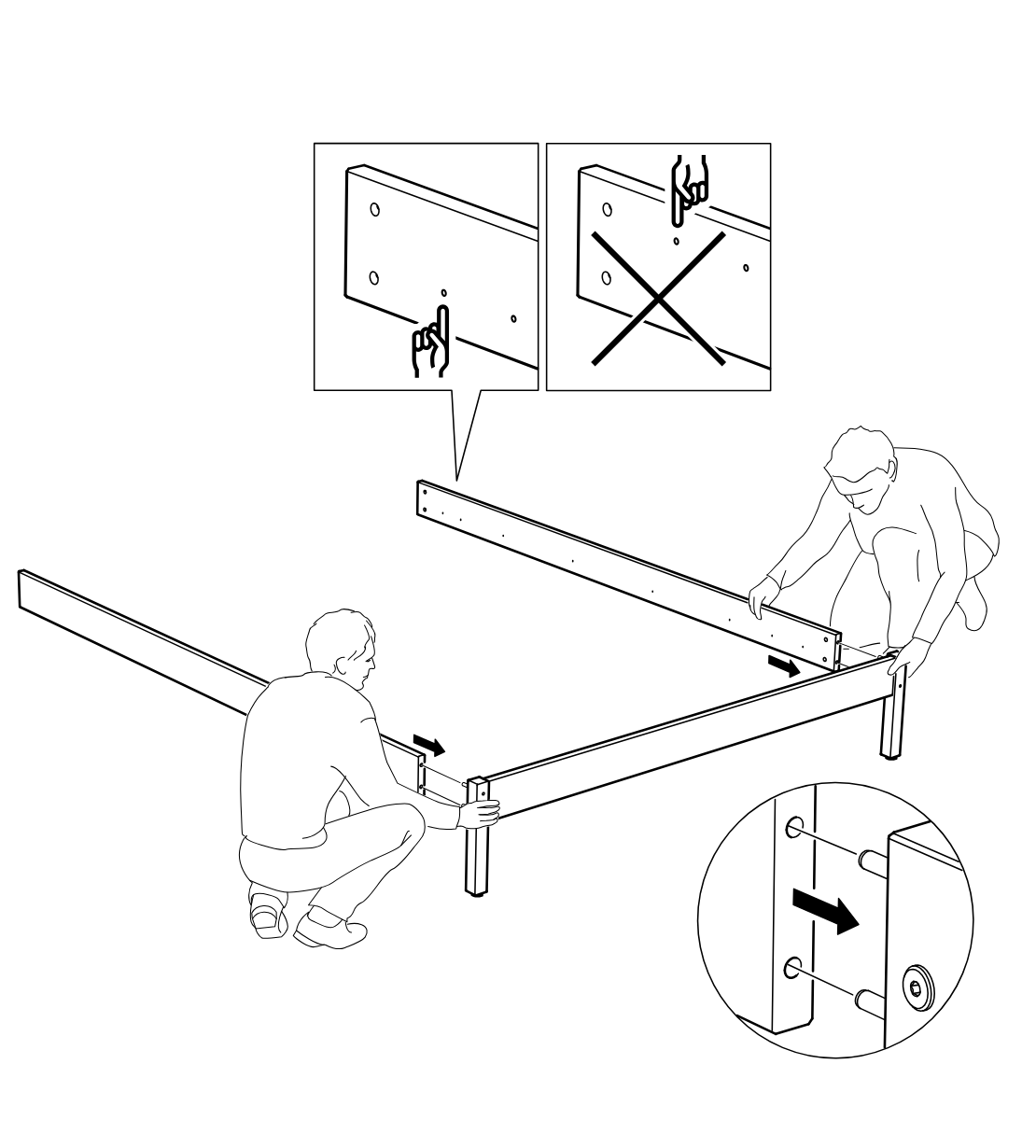 Diagram for step 13: Two people align and slide the long side panels onto the corner posts/frame ends, following the hole orientation shown in the do/don't inset and the zoom detail.