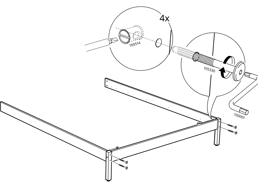 Diagram for step 14: The side rails are secured to the frame corners with cam fasteners, tightening the connector bolts using the included Allen key as shown in the zoom callouts.