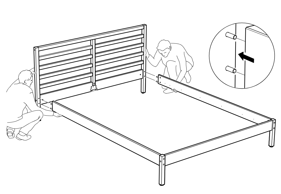 Diagram for step 15: Two people position and slide the slatted headboard assembly onto the exposed dowels/posts at the frame end to join the bed structure.