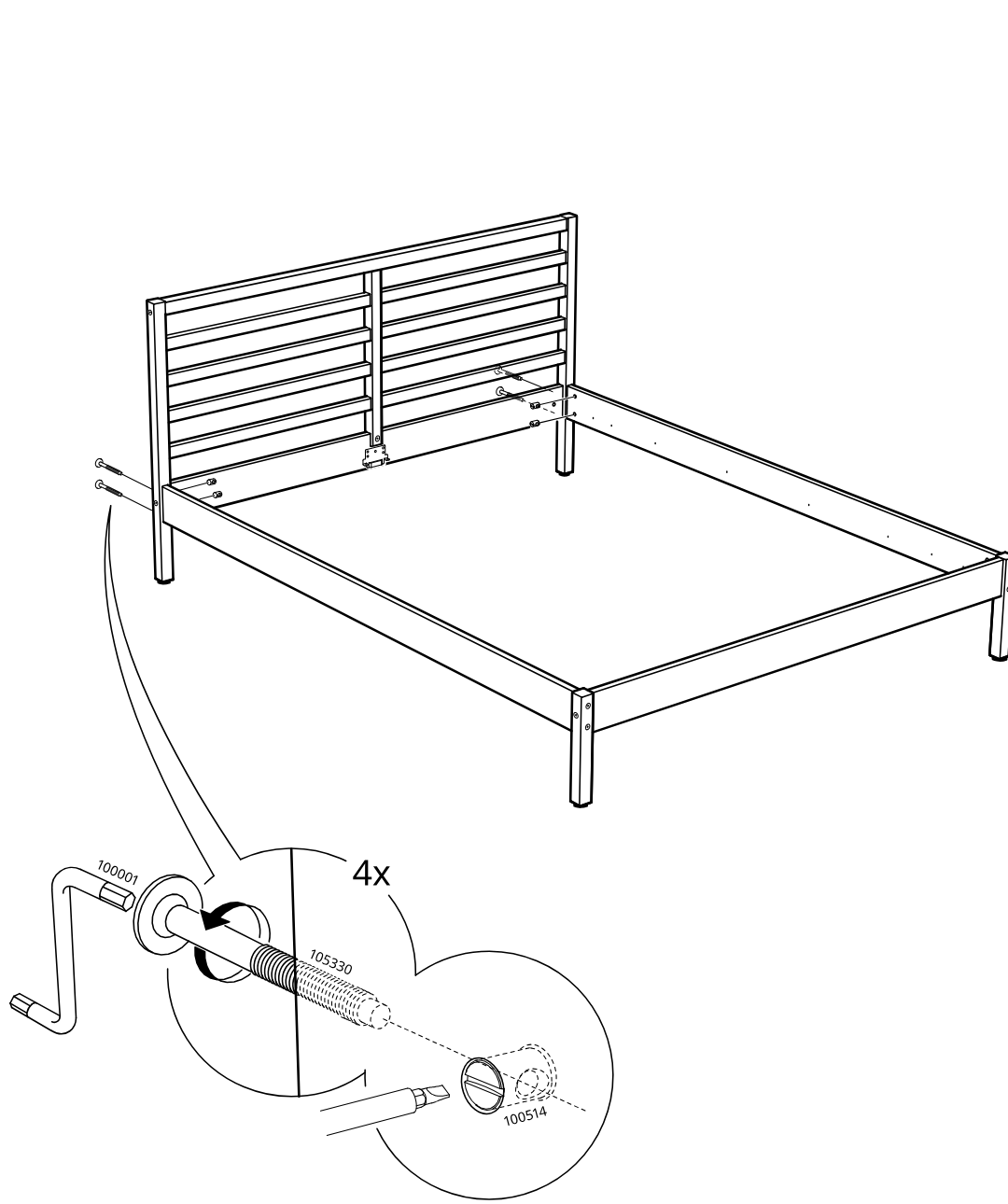 Diagram for step 16: Attach the side rails to the headboard with four long bolts, tightening with the Allen key while using a screwdriver to hold the slotted barrel nut in alignment.