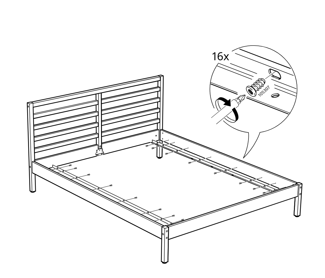 Diagram for step 17: The assembler fastens the bed slats to the frame using 16 screws (part 105307), with the inset showing screwdriver direction and screw placement.