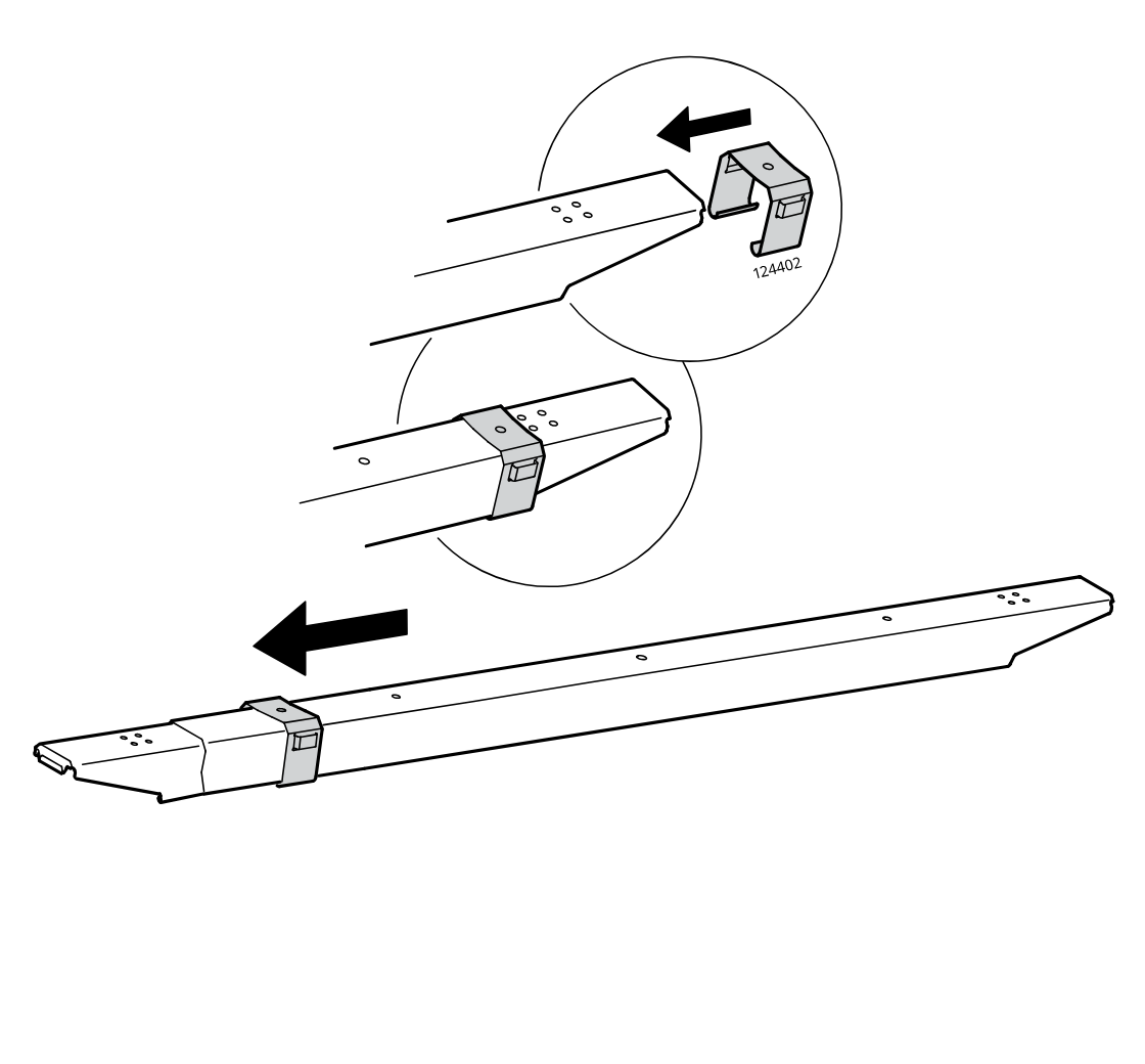 Diagram for step 18: Slide clip part 124402 onto the end of the long rail and push it left until it locks in place, as shown in the zoom callouts.