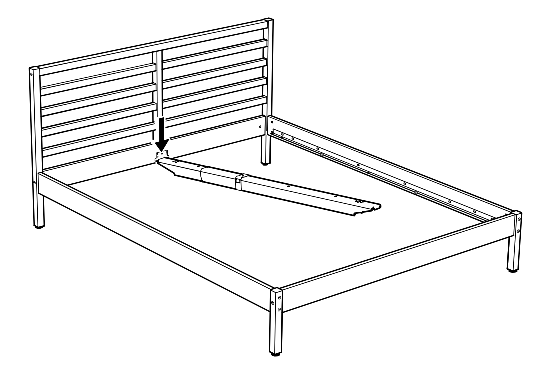 Diagram for step 19: The slatted headboard section is lowered into position at the center bracket while the folded center support beam rests across the bed frame.