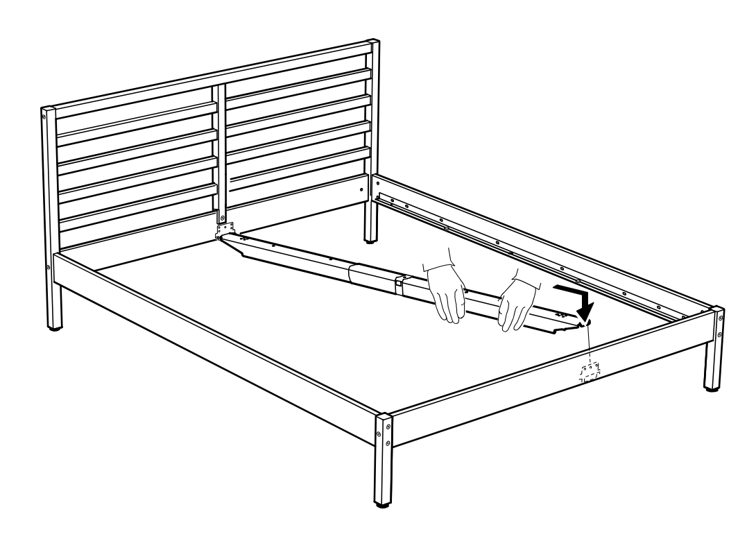 Diagram for step 20: The center support beam is unfolded and guided forward by hand to seat its end into the front frame bracket.