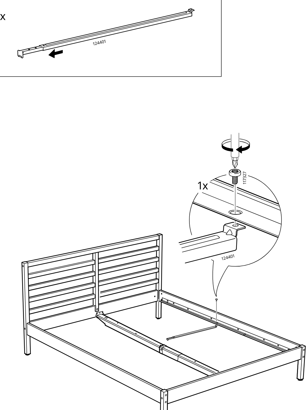 Diagram for step 21: Two center support rails (124401) are positioned into the bed frame, and one screw (117327) is tightened from above to secure the rail connection as shown in the zoom inset.