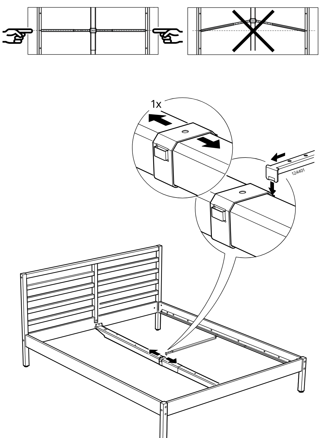 Diagram for step 22: The center rail is slid and locked into position on the bed frame, with zoom callouts showing the correct horizontal orientation and insertion of part 124401.