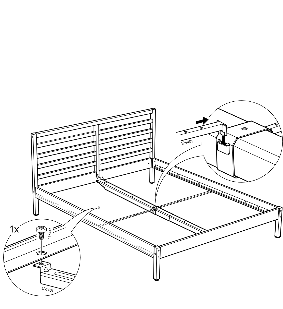 Diagram for step 23: The side rail connector is hooked into the frame and secured with one screw at the indicated joint.