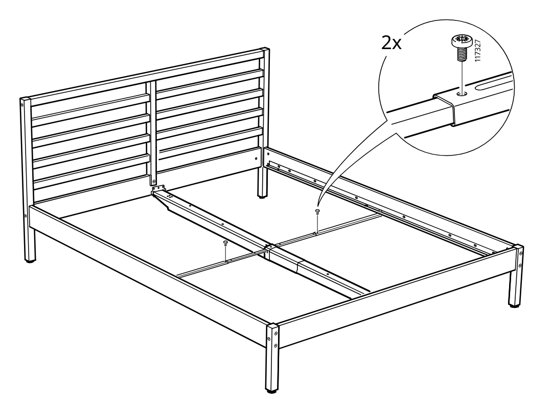 Diagram for step 24: The bed frame is shown assembled with the center support in place, and two screws (117327) are inserted to fasten the overlapping rail connection as highlighted in the zoom callout.