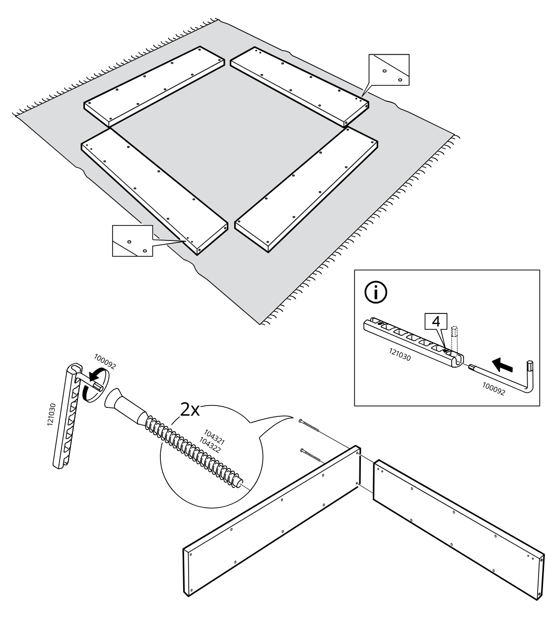Diagram for step 1: The assembler prepares tool 121030 with insert 4 and hex key 100092, then drives two screws 104327/104322 to join two long boards at a right angle.