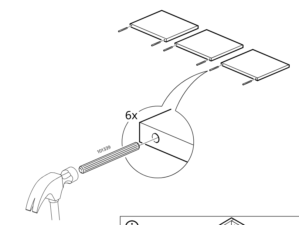 Diagram for step 2: Hammer six dowels 101339 into the side holes of the three small panels, two dowels per panel, as shown in the magnified detail.