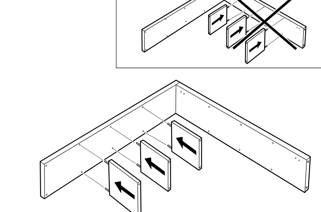 Diagram for step 3: Insert the three small panels with left-pointing arrow faces into the matching slots between the two long side panels.