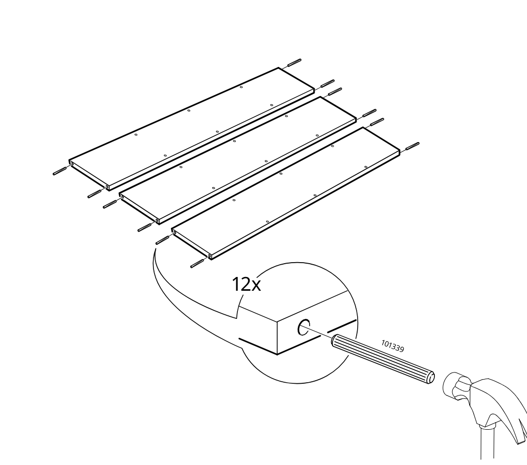 Diagram for step 4: Twelve dowels C labeled 101339 are hammered into the ends of three long boards, as shown in the zoom detail.