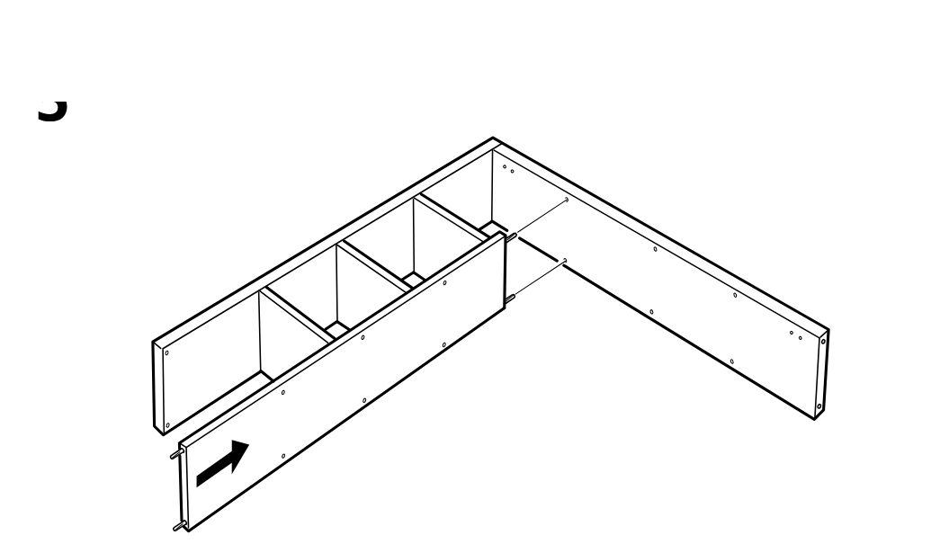 Diagram for step 5: The long panel with dowels is inserted into the side of the partially assembled frame in the direction of the arrow.