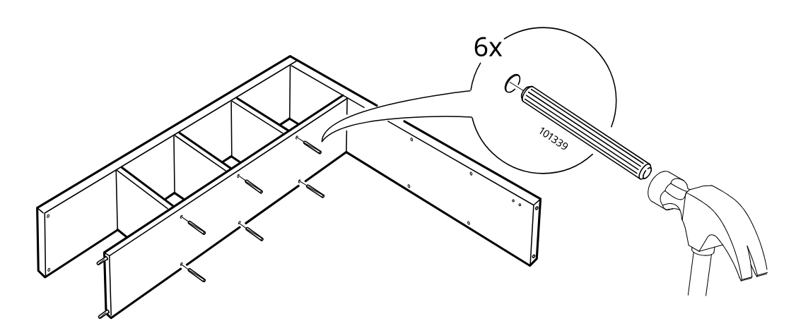 Diagram for step 6: Hammer six wooden dowels into the indicated holes in the cabinet frame.