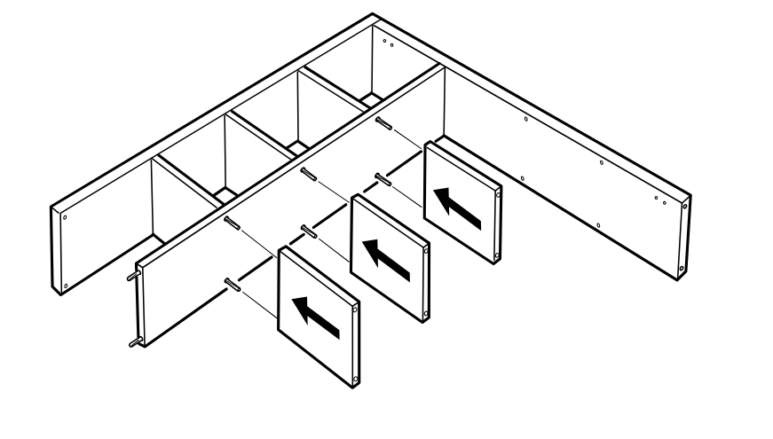 Diagram for step 7: Slide the three inner divider panels onto the exposed dowels in the frame.