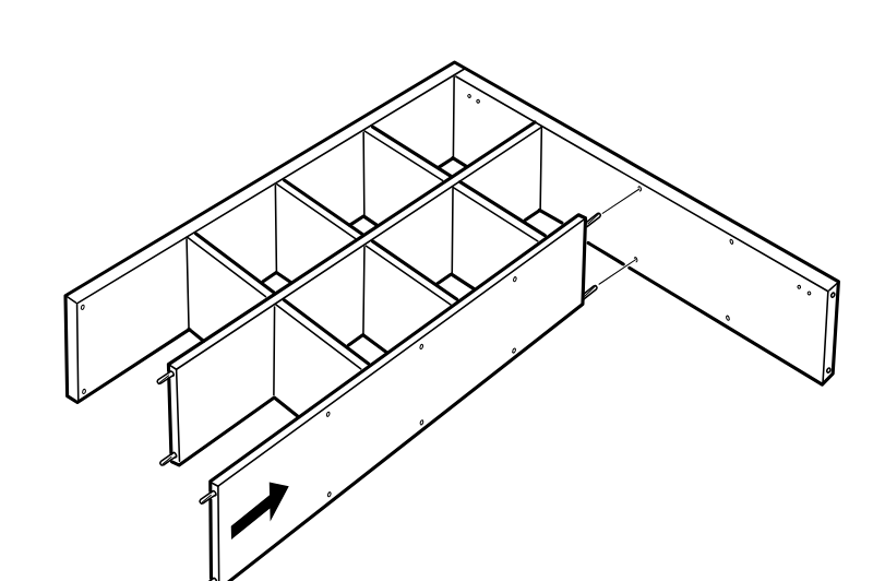 Diagram for step 8: Push the long front panel into place onto the protruding fittings at the front of the unit.