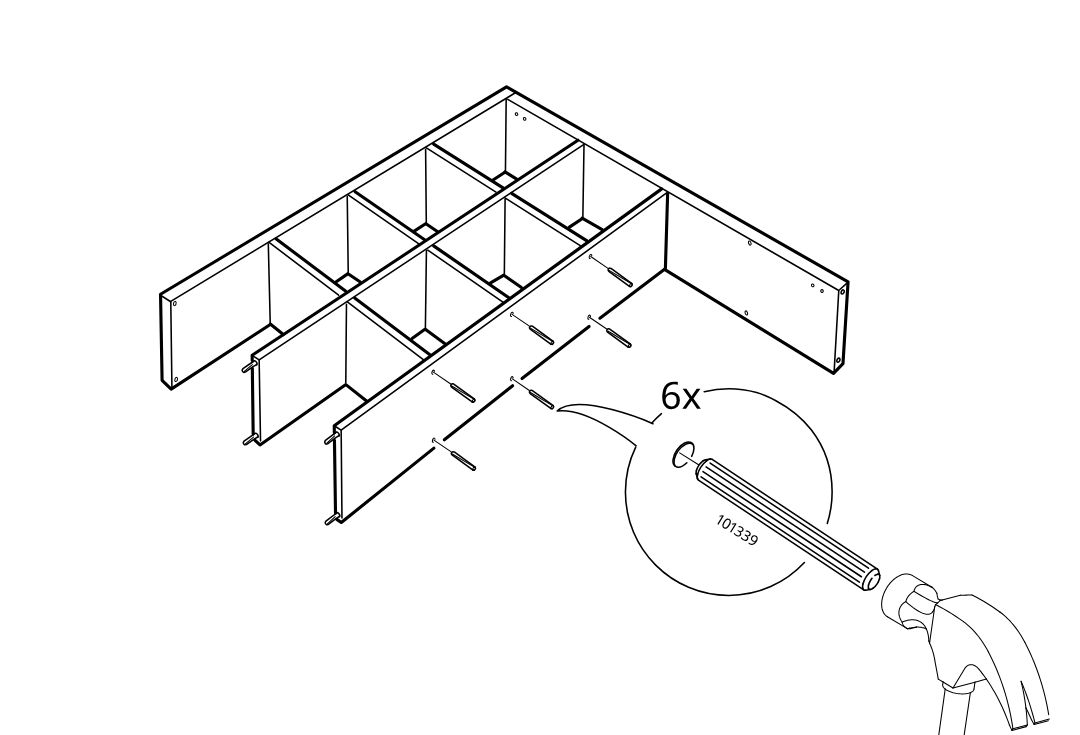 Diagram for step 9: Six dowels are hammered into the side holes of the three inner panels, shown with a zoom callout of part 101339 and a hammer.