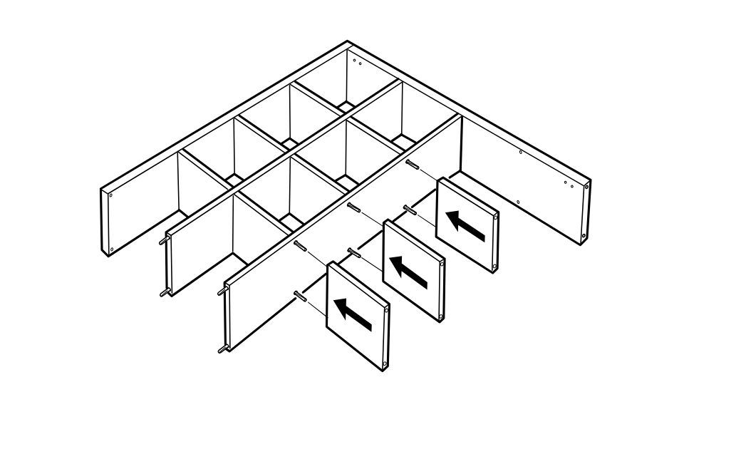 Diagram for step 10: Three small panels are pushed onto the protruding dowels between the inner dividers, sliding inward as indicated by the arrows.