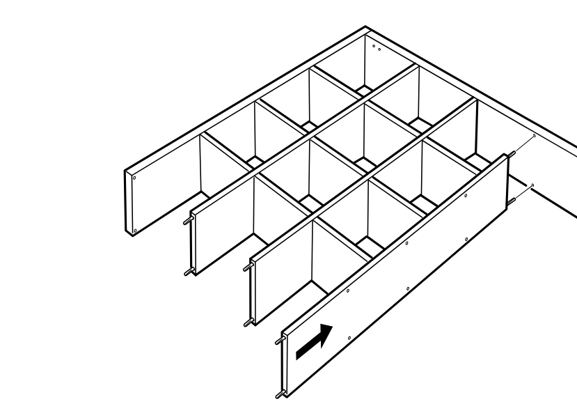 Diagram for step 11: The long side panel is aligned and slid onto the exposed ends of the internal dividers and top panel assembly.