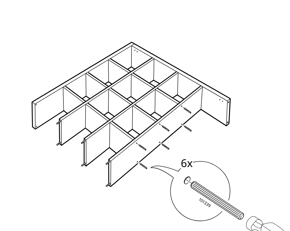 Diagram for step 12: Six dowels labeled 101339 are inserted into the side panel holes, with a hammer shown for tapping them into place.
