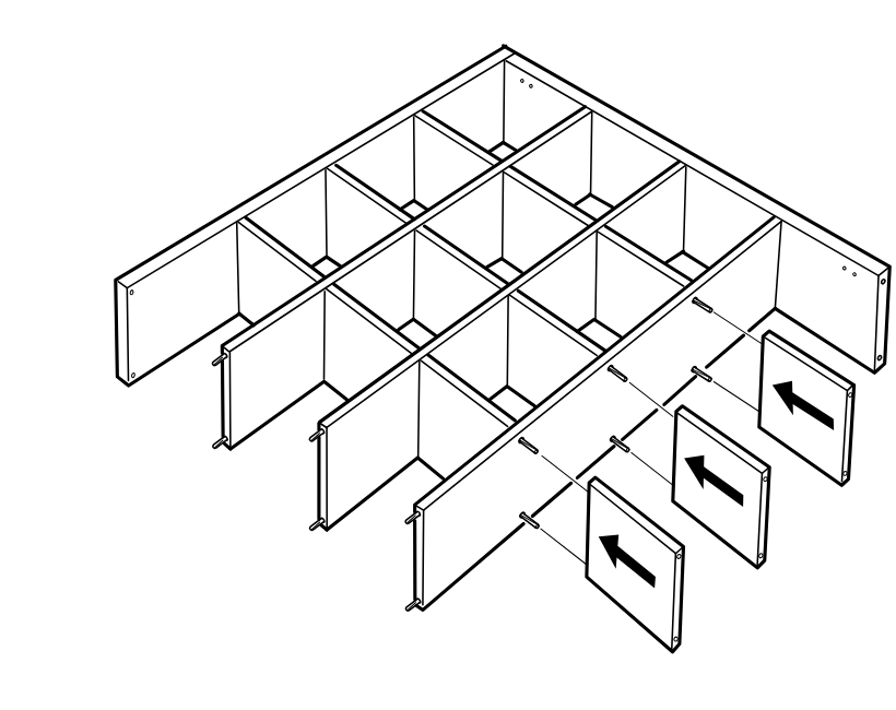 Diagram for step 13: Three divider panels are slid leftward onto the exposed connectors on the side of the assembled grid.