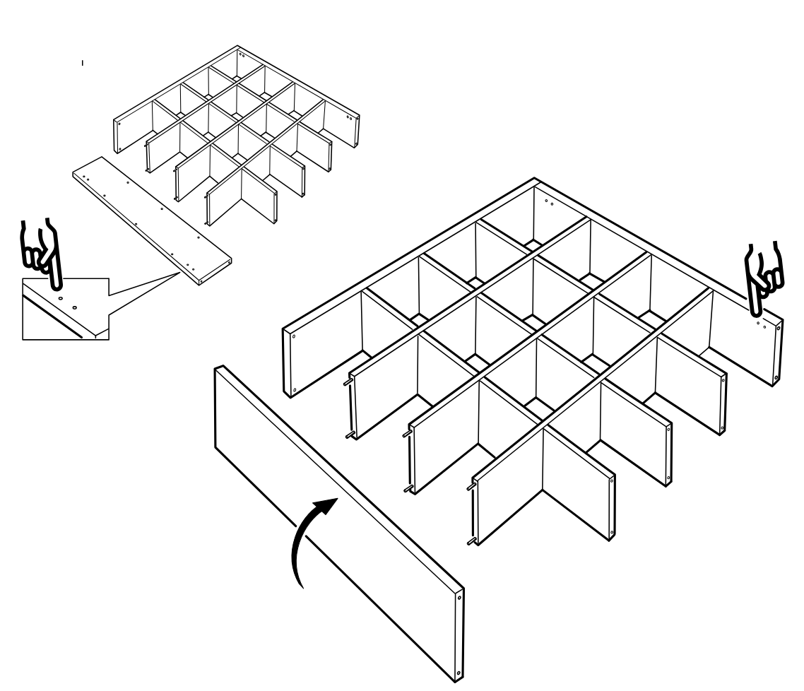 Diagram for step 14: The grid assembly is positioned on the long panel with the hole pattern aligned as shown, and the large side board is rotated upward into place around the structure.