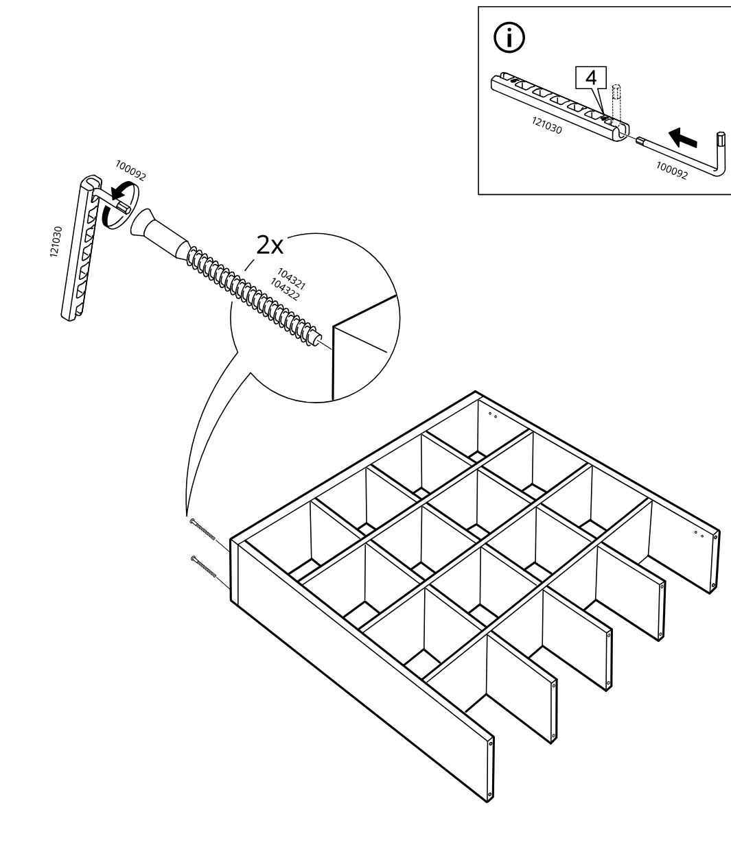 Diagram for step 15: Prepare rail 121030 with insert 100092 as shown in the inset, then fasten the cabinet frame with two screws 104321/104322 into the left side panel.