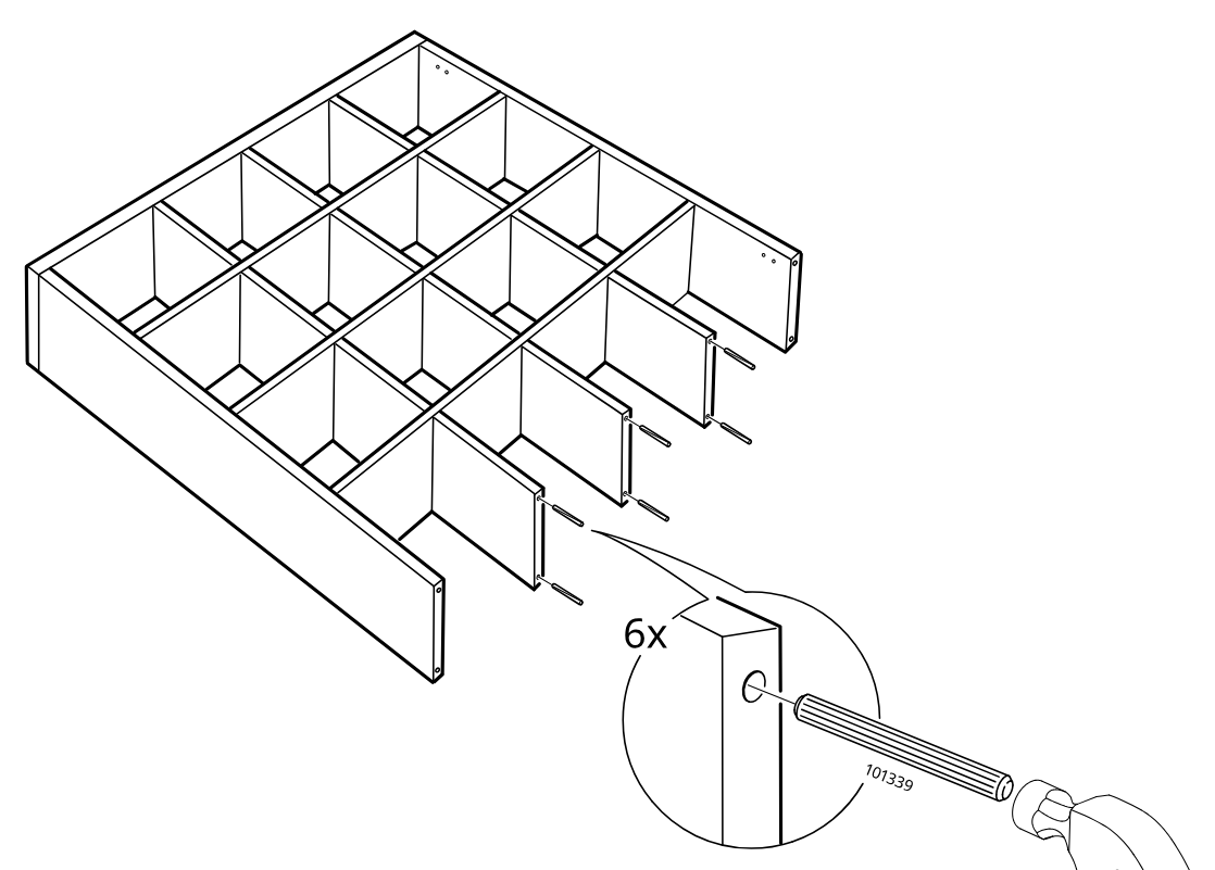 Diagram for step 16: Hammer six 101339 dowels into the holes on the three inner divider panels of the cabinet frame.