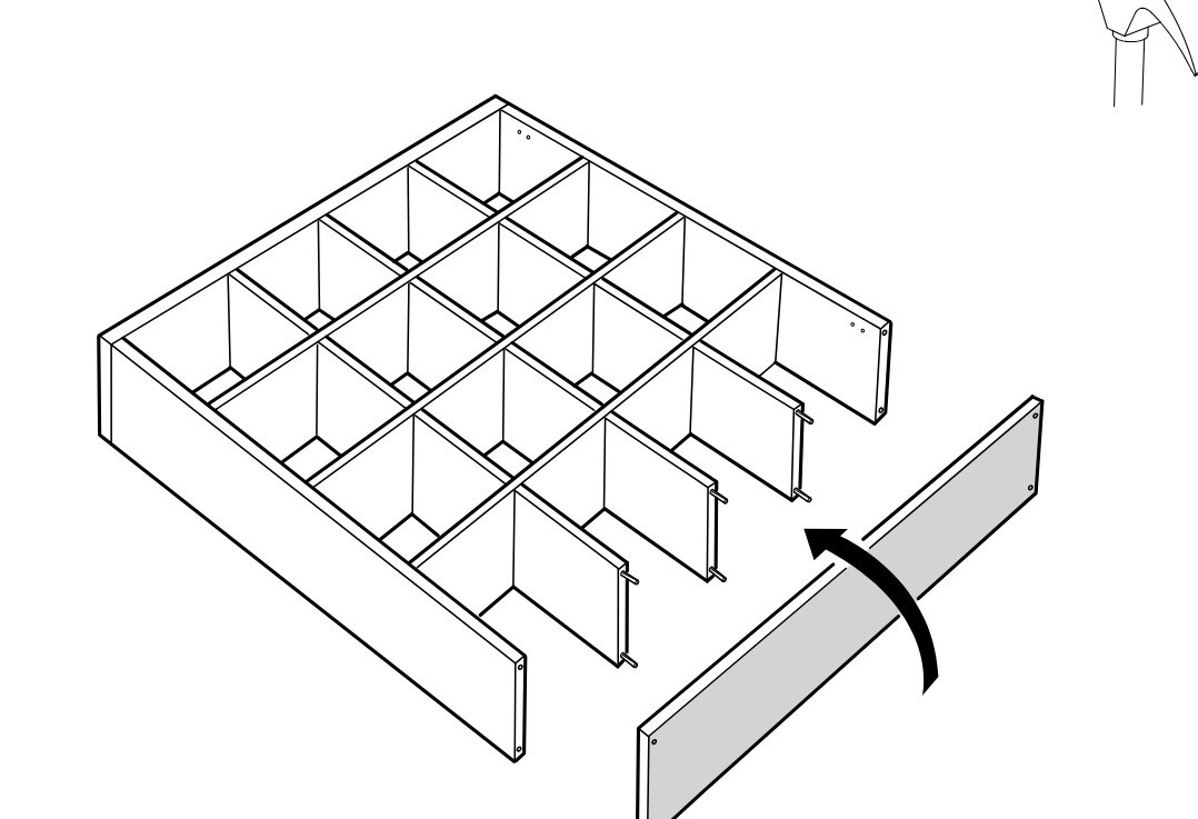 Diagram for step 17: Fit the long side panel onto the exposed dowels on the open side of the cabinet assembly.