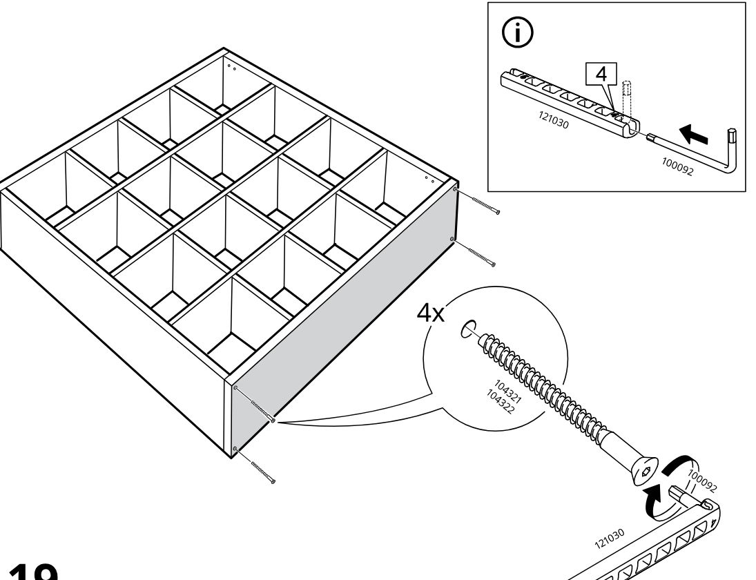 Diagram for step 18: The side panel is fastened with four screw assemblies, and the slotted part 121030 is turned with tool 100092 as shown in the connected info inset.