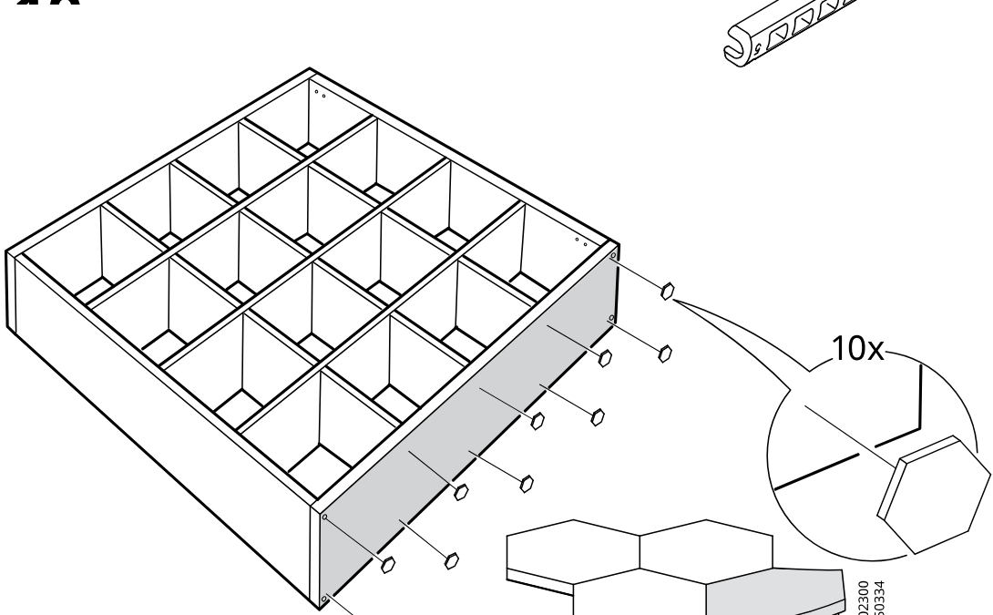 Diagram for step 19: Ten hexagonal caps are inserted into the exposed side holes along the panel.