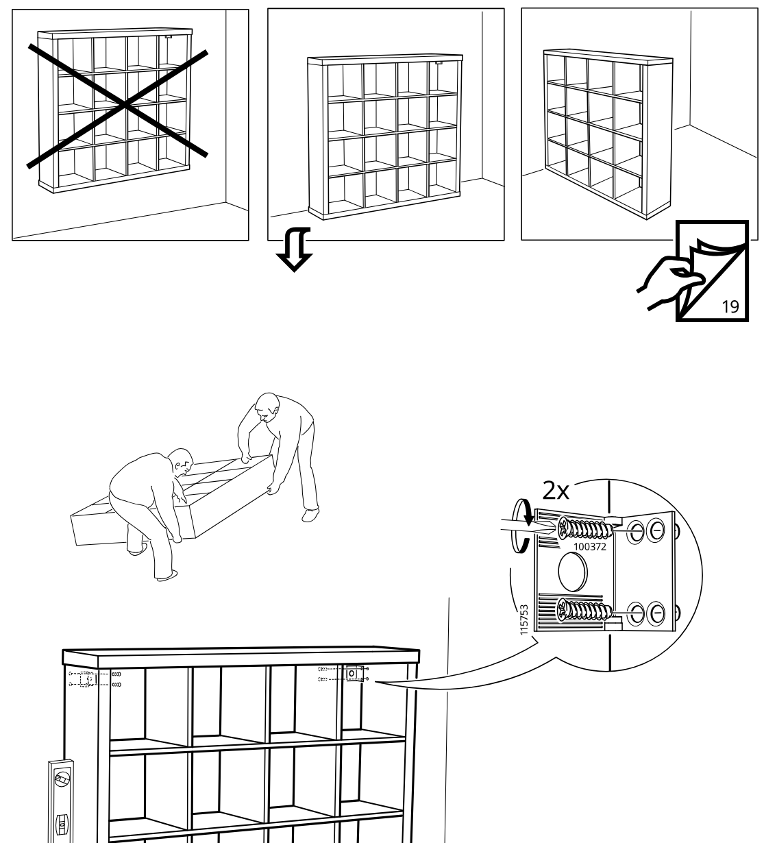 Diagram for step 20: The unit is moved upright, positioned away from side-wall placement, leveled vertically, and secured with two 100372 screws into fitting 115753 as shown in the zoom detail.