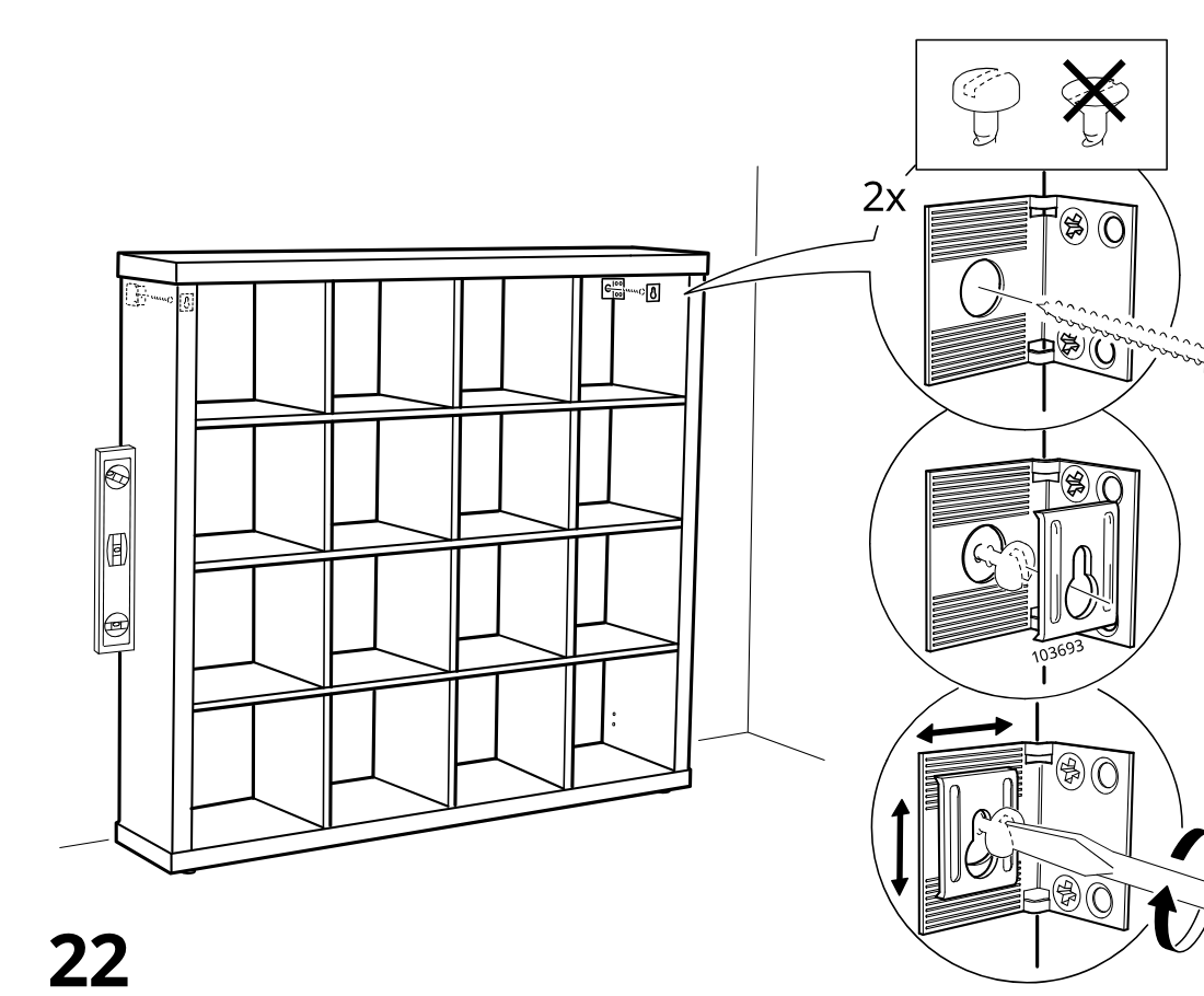 Diagram for step 21: The shelving unit is leveled and secured to the wall at two upper brackets, then the wall fitting is attached and adjusted with a screwdriver.