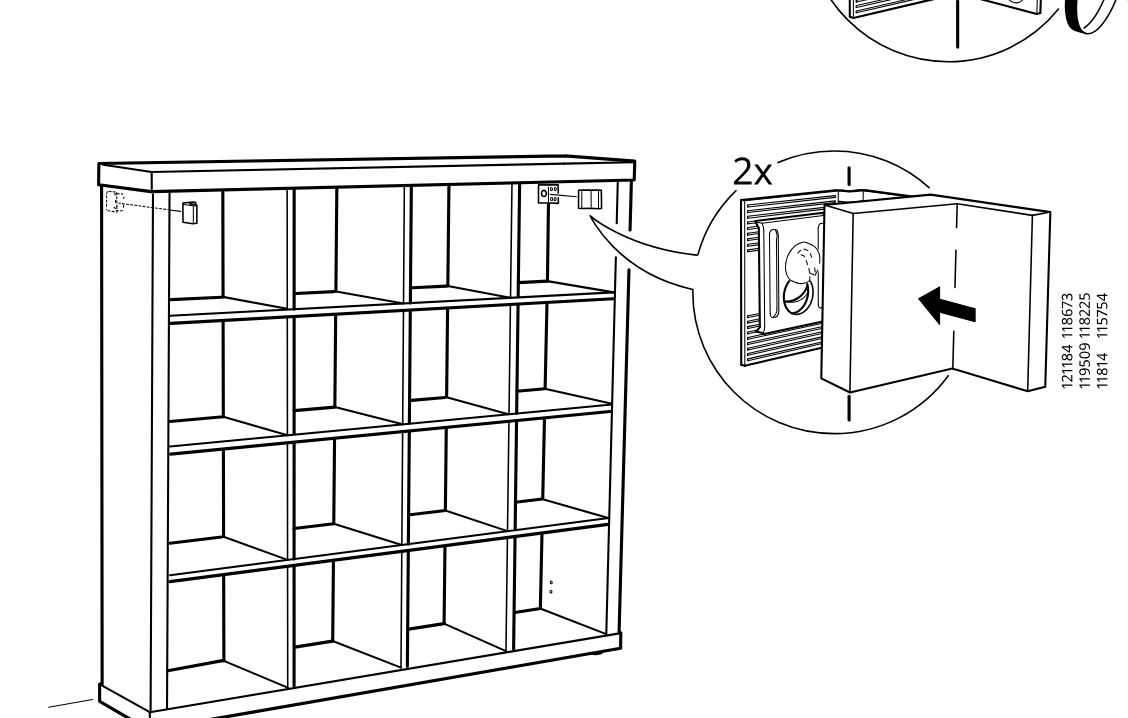 Diagram for step 22: Two cover pieces are pushed onto the mounted wall fittings at the top side of the shelving unit.