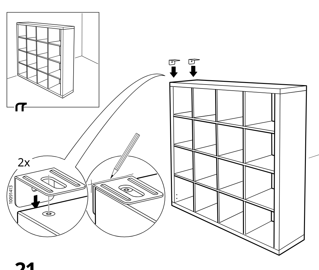 Diagram for step 23: Two top brackets are set onto the shelving unit, inserted into the top holes, and their wall positions are marked with a pencil.