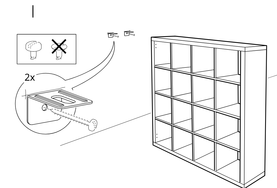 Diagram for step 24: Two screws are driven through the mounted brackets to secure the shelving unit to the wall, with an inset showing the correct screw type to use.