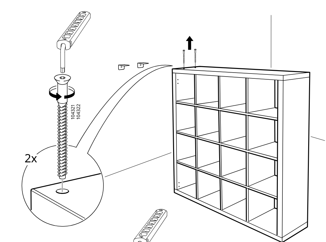 Diagram for step 25: Two screws 104321/104322 are inserted and tightened from above into the top of the shelving unit, with two small angle brackets shown for the top edge.