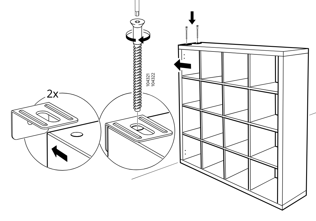 Diagram for step 26: Two metal brackets are slid onto the top edge of the unit and secured by tightening two screws 104321/104322 downward from above.