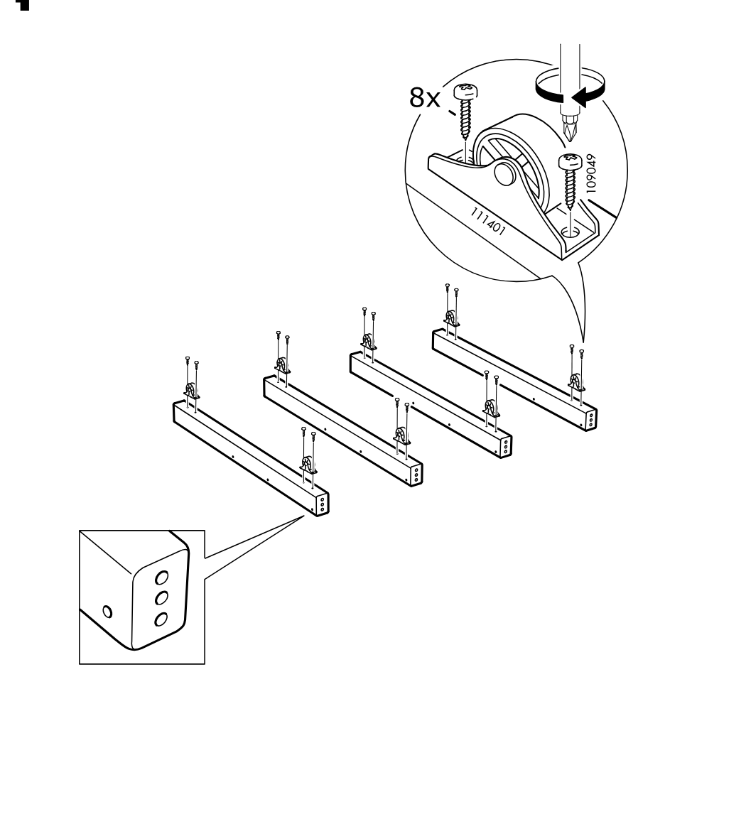Diagram for step 1: Attach eight caster brackets to the four long rails with screws, using the shown orientation and end-hole reference.