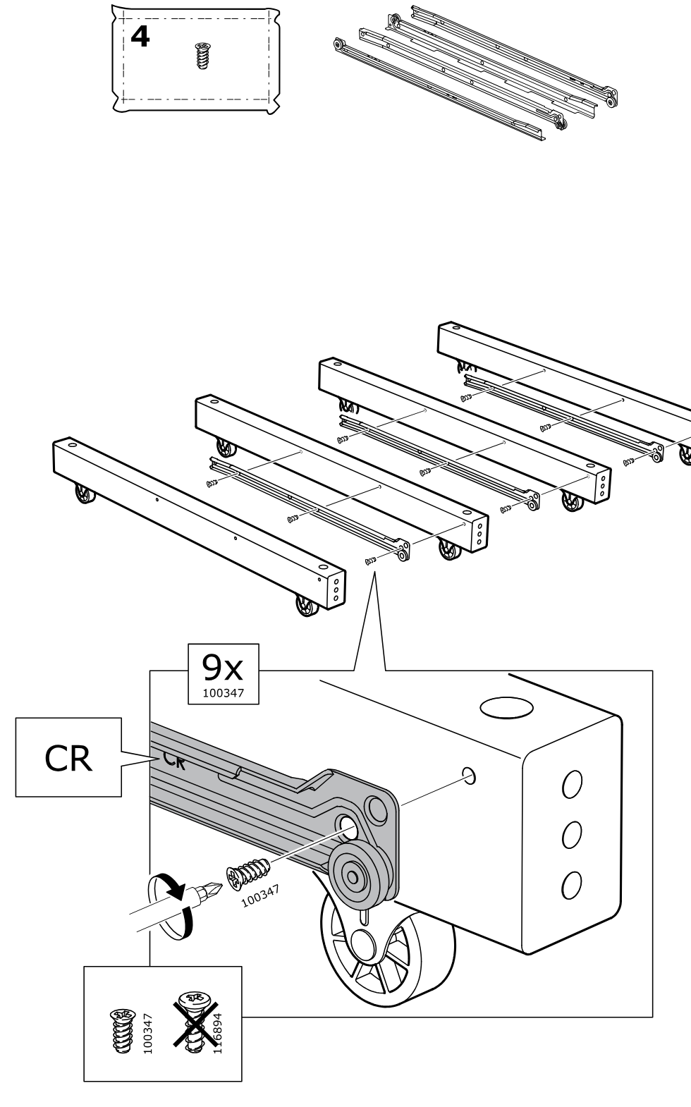 Diagram for step 2: The installer mounts CR drawer runners onto four frame rails using nine screws (100347), with a close-up showing screw location, screwdriver direction, and the correct screw type versus an incorrect one.