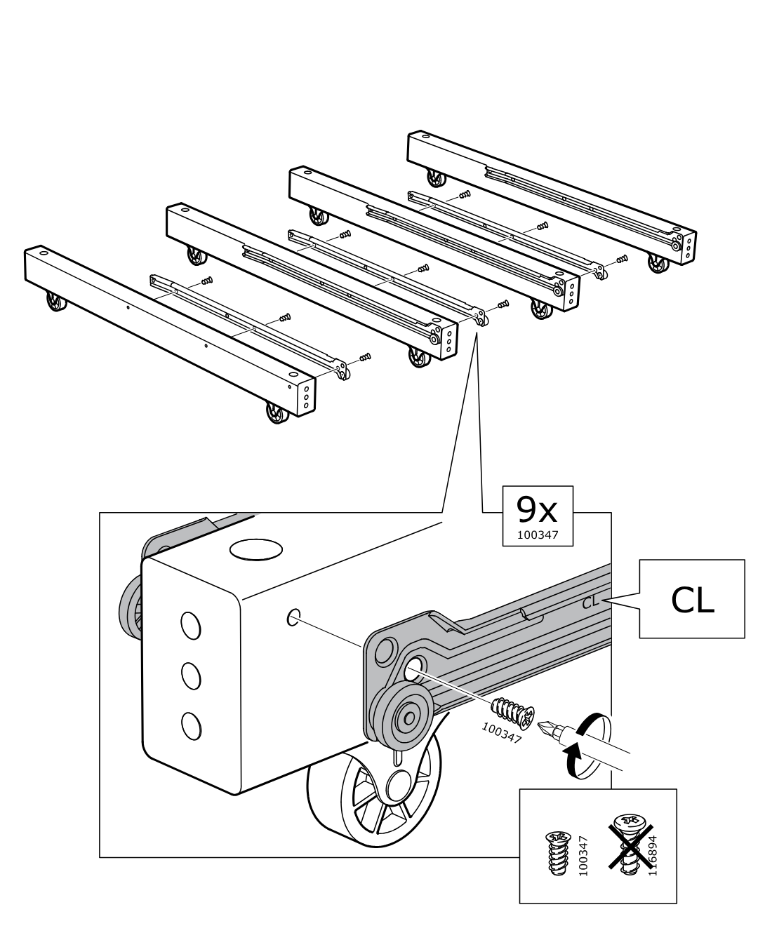 Diagram for step 3: Attach the CL-marked rail components using screw 100347 on all four assemblies, with a total of 9 screws, and use the specified screw type (not 16894).