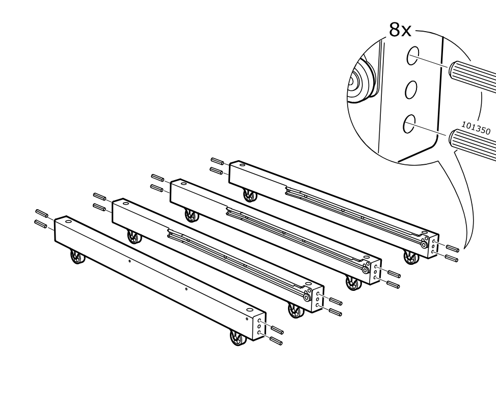 Diagram for step 4: Insert eight dowels (101350) into the end holes of the four long frame pieces.