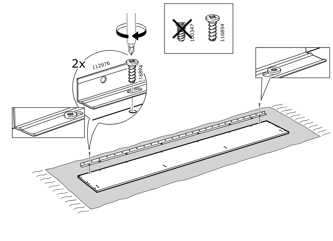 Diagram for step 5: Screw two 116894 screws through the rail into the panel while using a screwdriver and ensuring the correct screw type is selected.