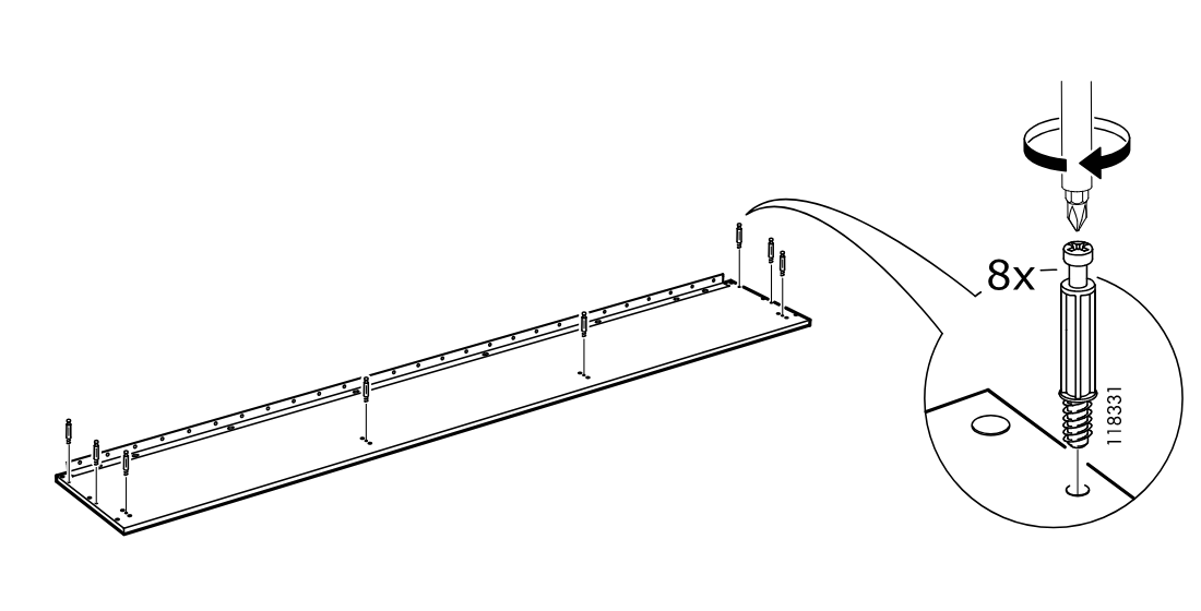 Diagram for step 7: Eight cam bolts (118331) are inserted into the panel and tightened with a screwdriver, as shown by the rotation arrow and zoomed detail callout.